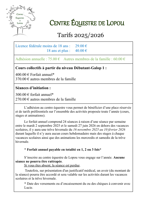 Tarifs 2025 26